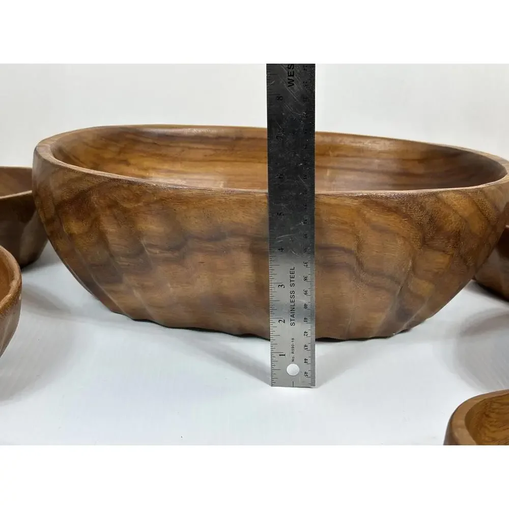Vintage Wavy Oval Real Teak Wood Salad‎ Bowl Set Gorgeous Wood Grain 9 Niece